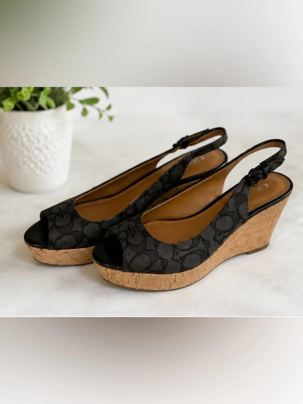 Coach Signature Dark Gray Peep-Toe Slingback Wedge Sandals 9B